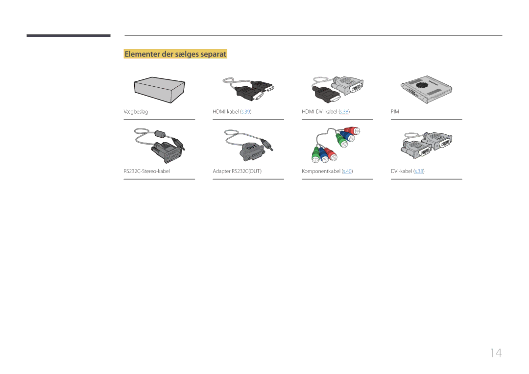 Samsung LH65EDDPLGC/EN, LH75EDDPLGC/EN manual Elementer der sælges separat, Vægbeslag HDMI-kabel s.39 HDMI-DVI-kabel s.38 