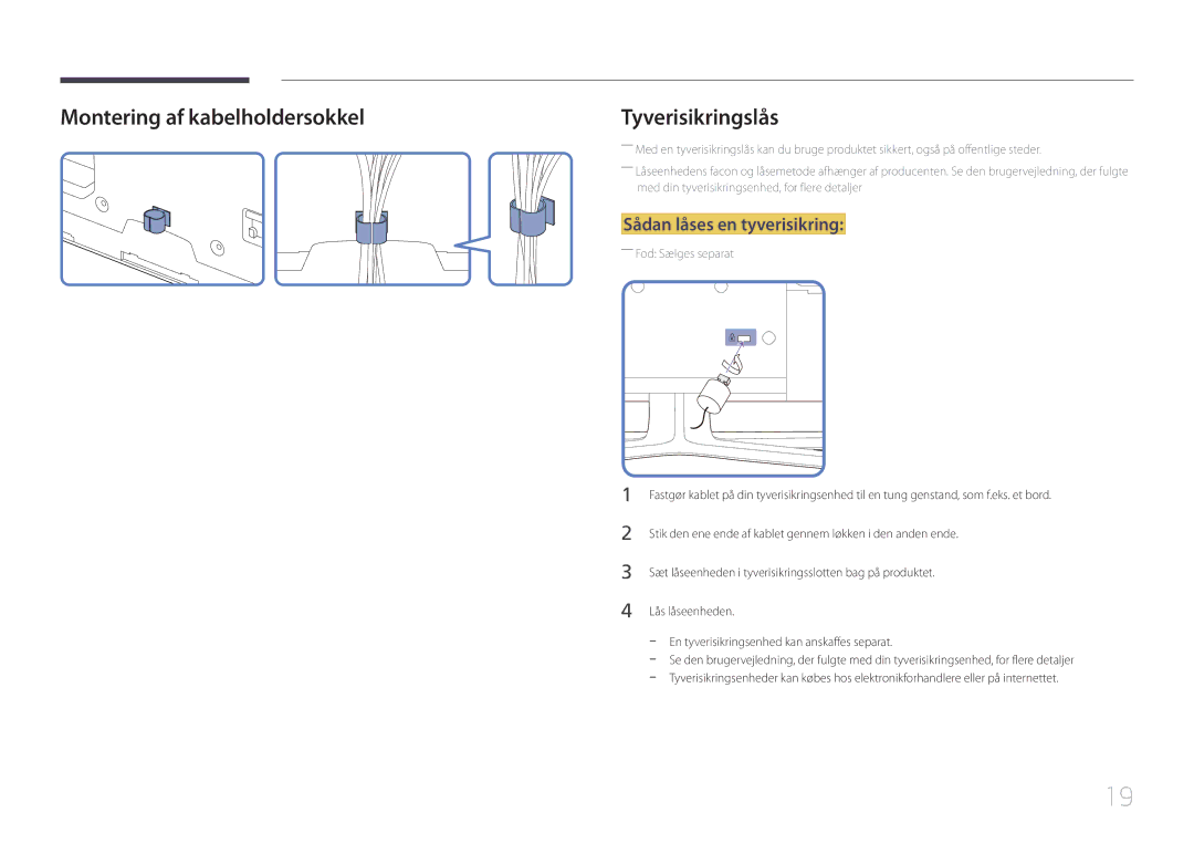 Samsung LH75EDDPLGC/EN, LH65EDDPLGC/EN manual Montering af kabelholdersokkel, Sådan låses en tyverisikring 