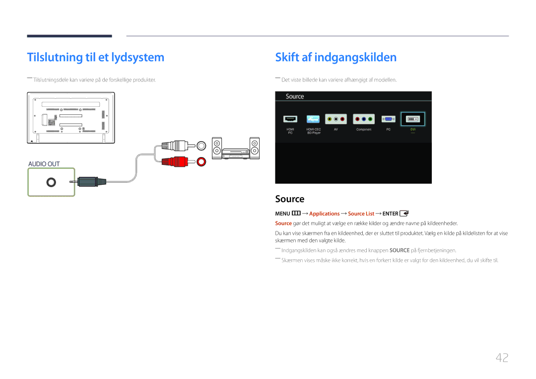 Samsung LH65EDDPLGC/EN, LH75EDDPLGC/EN manual Tilslutning til et lydsystem, Skift af indgangskilden, Source 