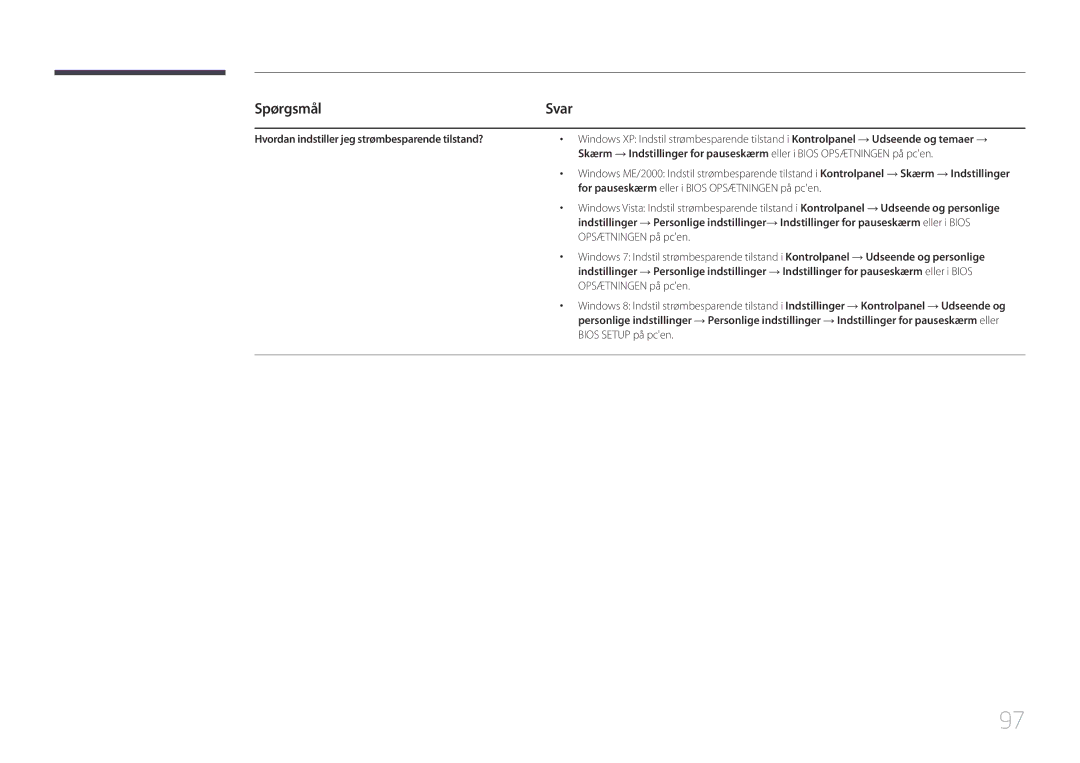 Samsung LH75EDDPLGC/EN, LH65EDDPLGC/EN manual Spørgsmål, Svar, Hvordan indstiller jeg strømbesparende tilstand? 