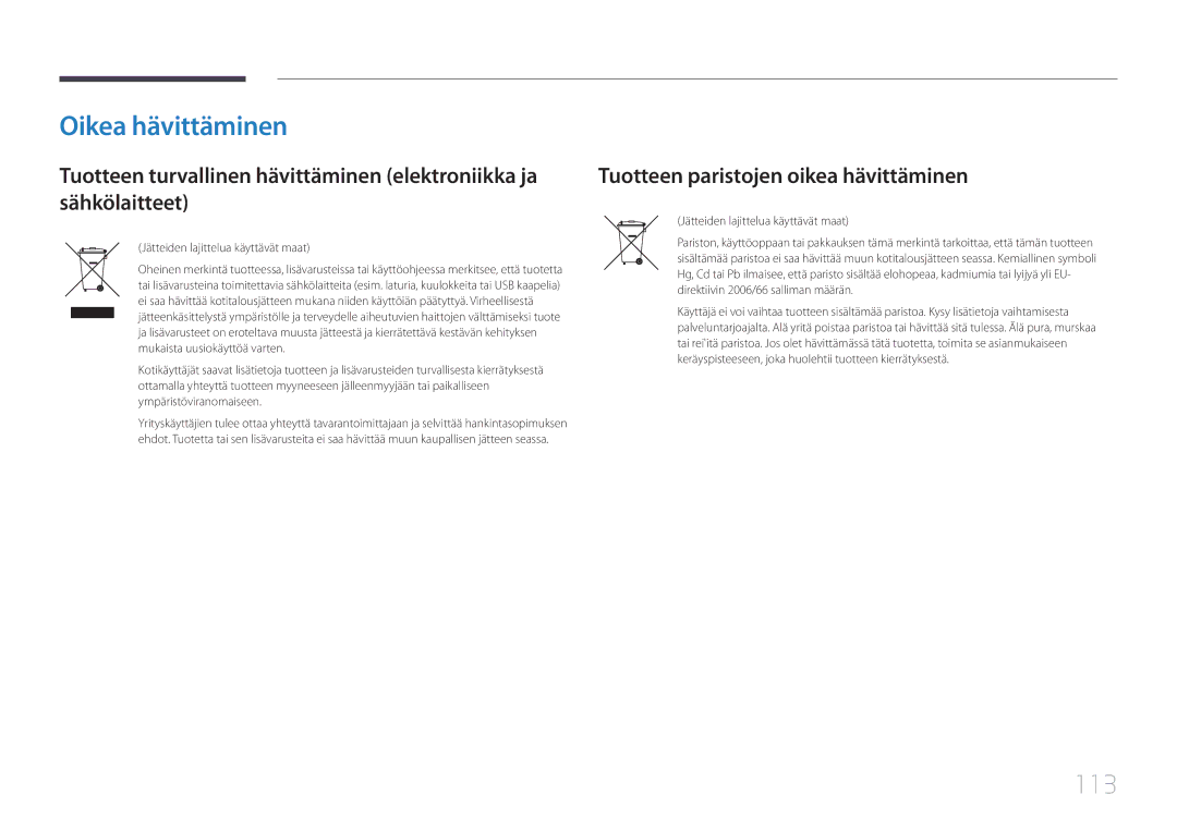 Samsung LH75EDDPLGC/EN, LH65EDDPLGC/EN manual Oikea hävittäminen, 113, Tuotteen paristojen oikea hävittäminen 