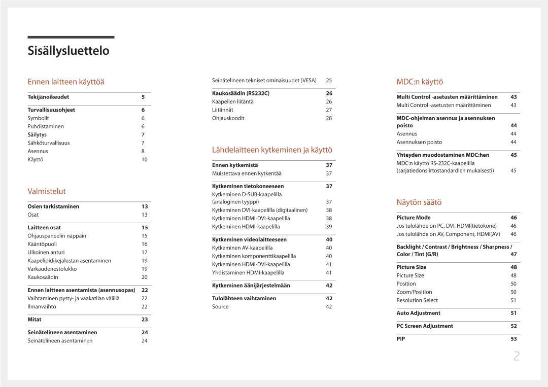 Samsung LH65EDDPLGC/EN, LH75EDDPLGC/EN manual Sisällysluettelo 