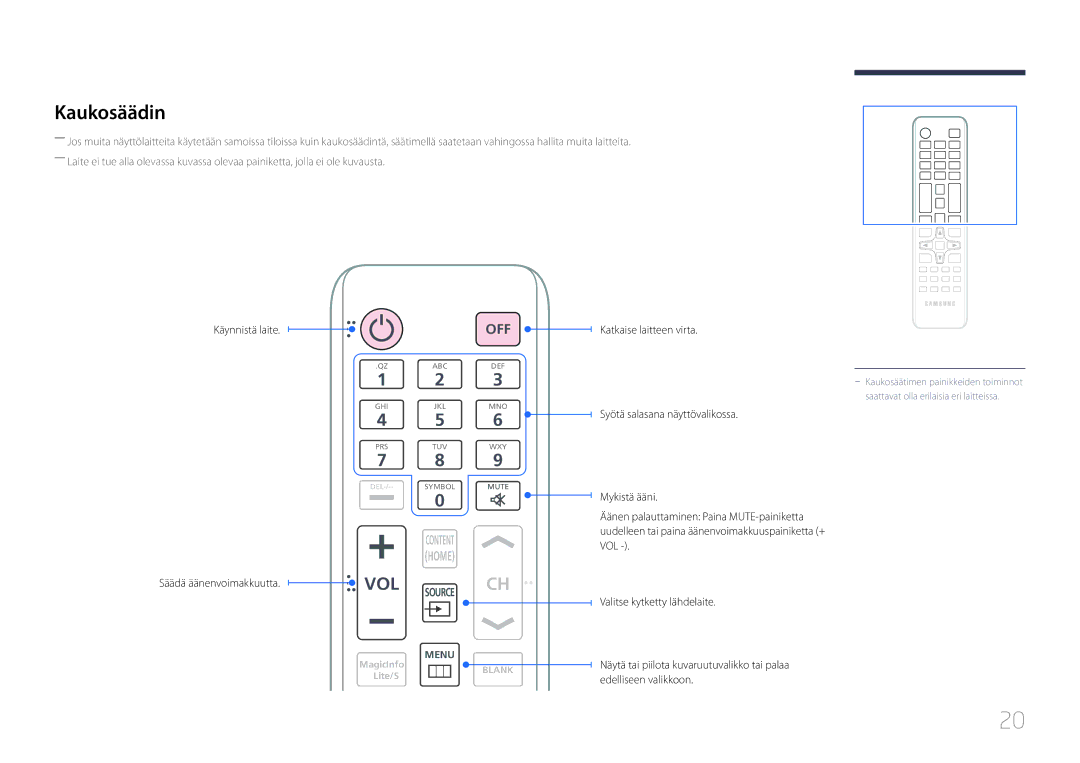 Samsung LH65EDDPLGC/EN, LH75EDDPLGC/EN manual Kaukosäädin, Off 