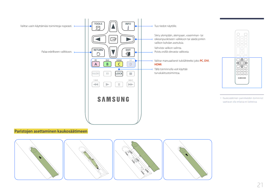 Samsung LH75EDDPLGC/EN manual Paristojen asettaminen kaukosäätimeen, Valitse usein käyttämiäsi toimintoja nopeasti 