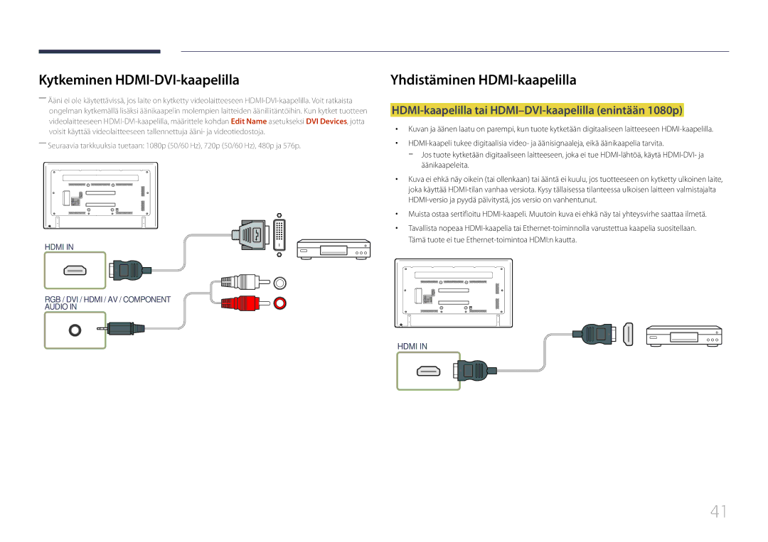 Samsung LH75EDDPLGC/EN manual Yhdistäminen HDMI-kaapelilla, HDMI-kaapelilla tai HDMI-DVI-kaapelilla enintään 1080p 