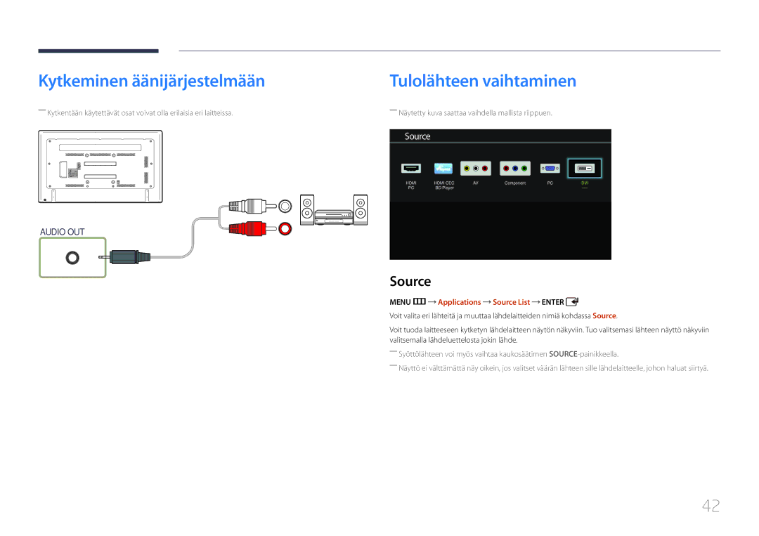 Samsung LH65EDDPLGC/EN, LH75EDDPLGC/EN manual Kytkeminen äänijärjestelmään, Tulolähteen vaihtaminen, Source 