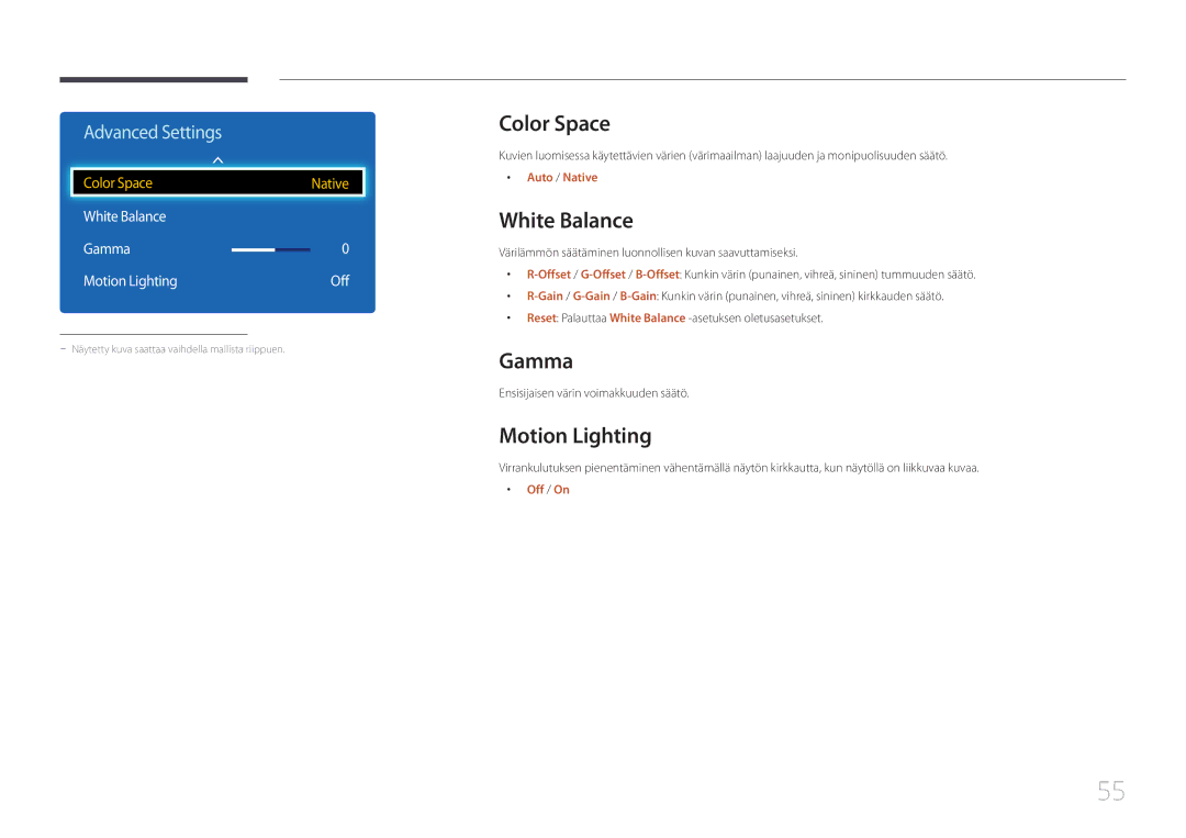 Samsung LH75EDDPLGC/EN, LH65EDDPLGC/EN manual Color Space, White Balance Gamma Motion Lighting Off 