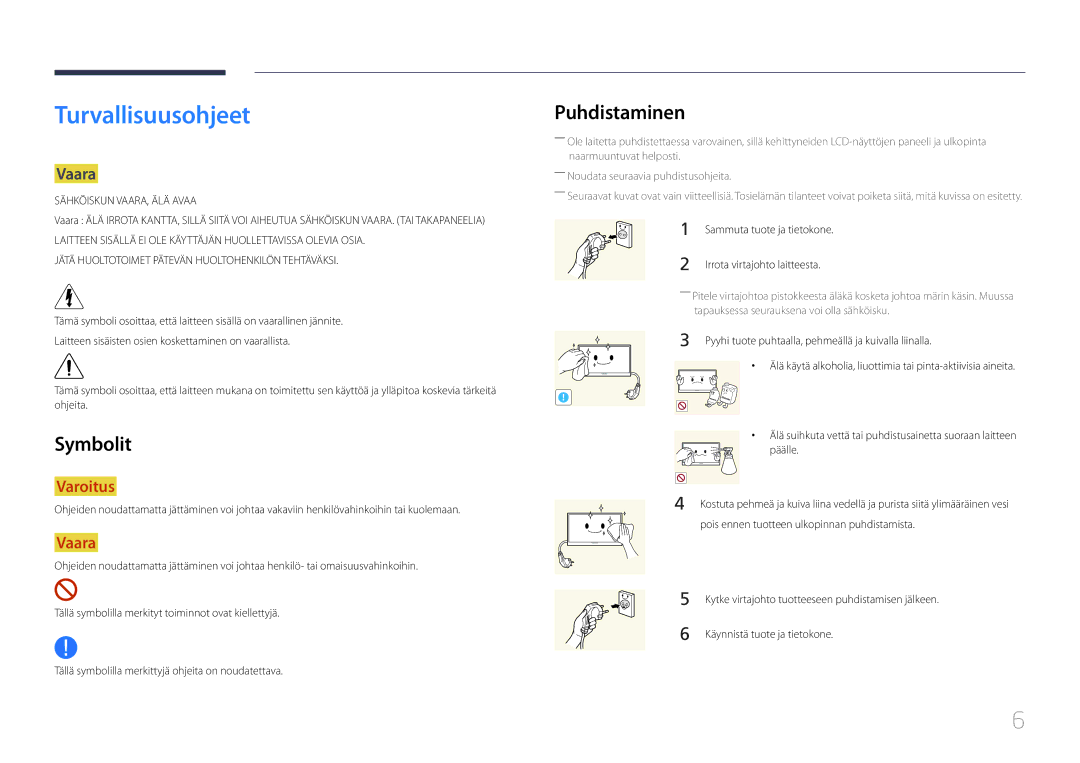 Samsung LH65EDDPLGC/EN, LH75EDDPLGC/EN manual Turvallisuusohjeet, Symbolit, Puhdistaminen, Vaara 