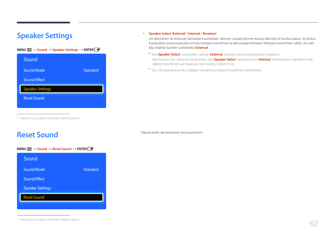 Samsung LH65EDDPLGC/EN, LH75EDDPLGC/EN manual Reset Sound, Sound Effect Speaker Settings 