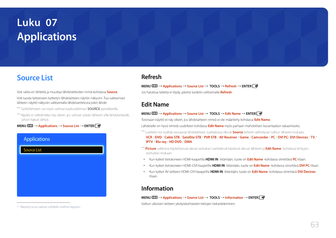 Samsung LH75EDDPLGC/EN, LH65EDDPLGC/EN manual Applications, Source List, Refresh, Edit Name, Information 