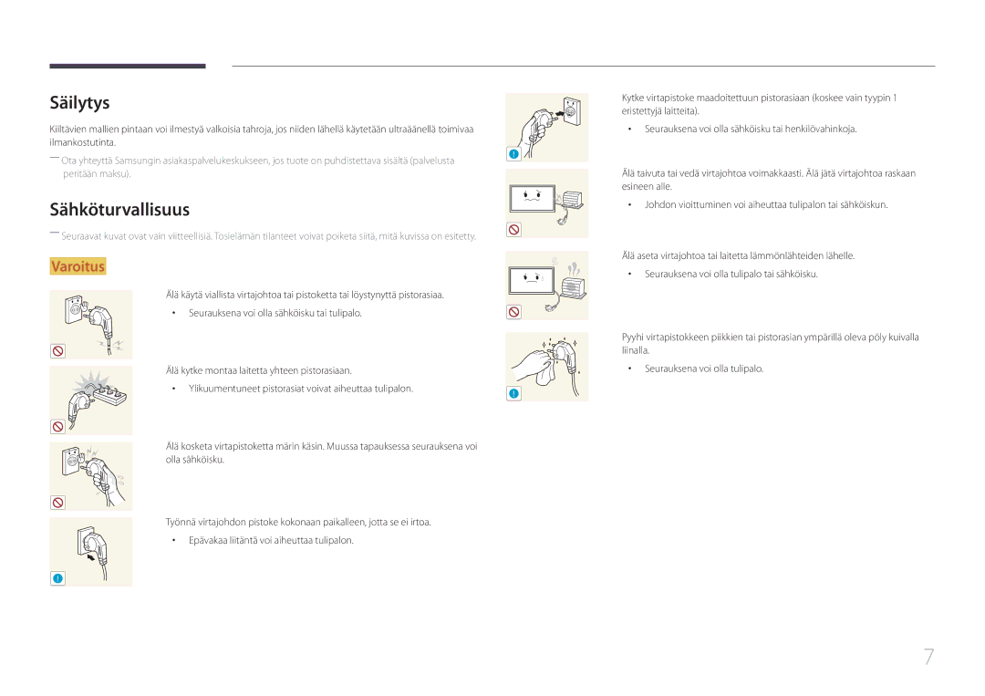 Samsung LH75EDDPLGC/EN, LH65EDDPLGC/EN manual Säilytys, Sähköturvallisuus 