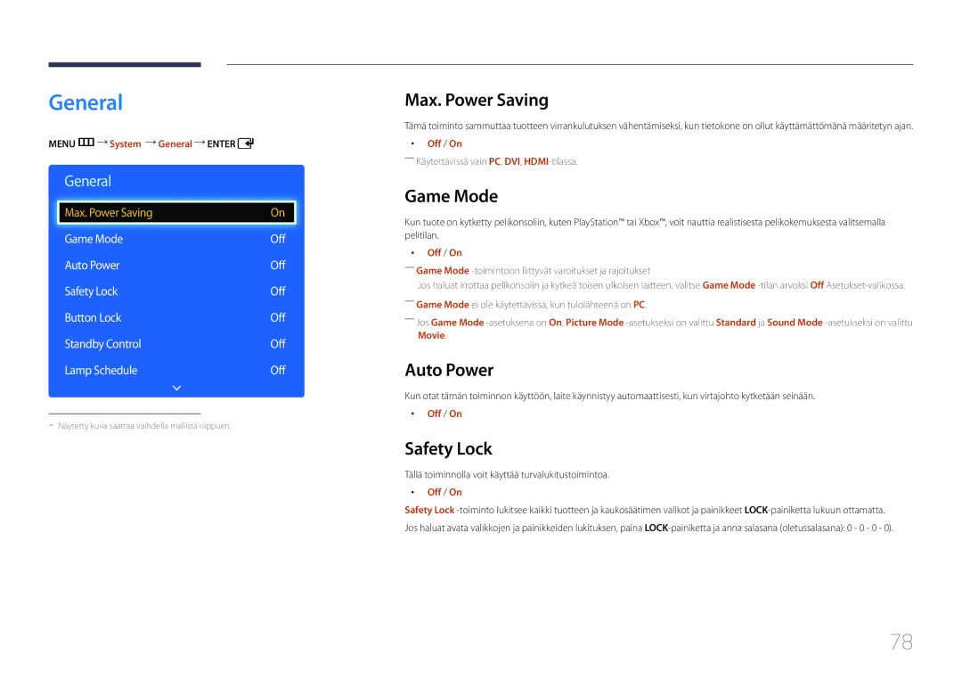 Samsung LH65EDDPLGC/EN, LH75EDDPLGC/EN manual General, Max. Power Saving, Game Mode, Auto Power, Safety Lock 