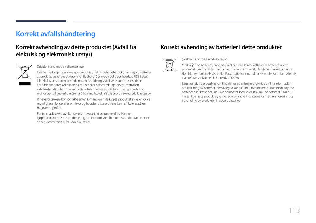 Samsung LH75EDDPLGC/EN, LH65EDDPLGC/EN Korrekt avfallshåndtering, 113, Korrekt avhending av batterier i dette produktet 