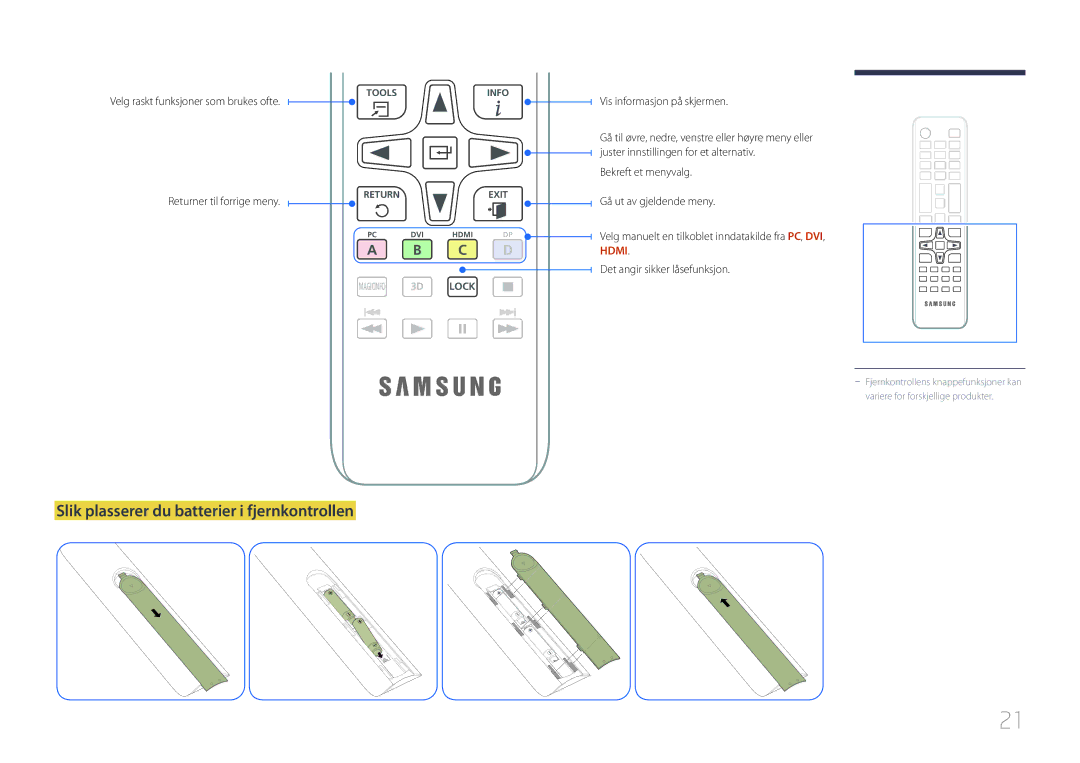 Samsung LH75EDDPLGC/EN manual Slik plasserer du batterier i fjernkontrollen, Velg raskt funksjoner som brukes ofte 