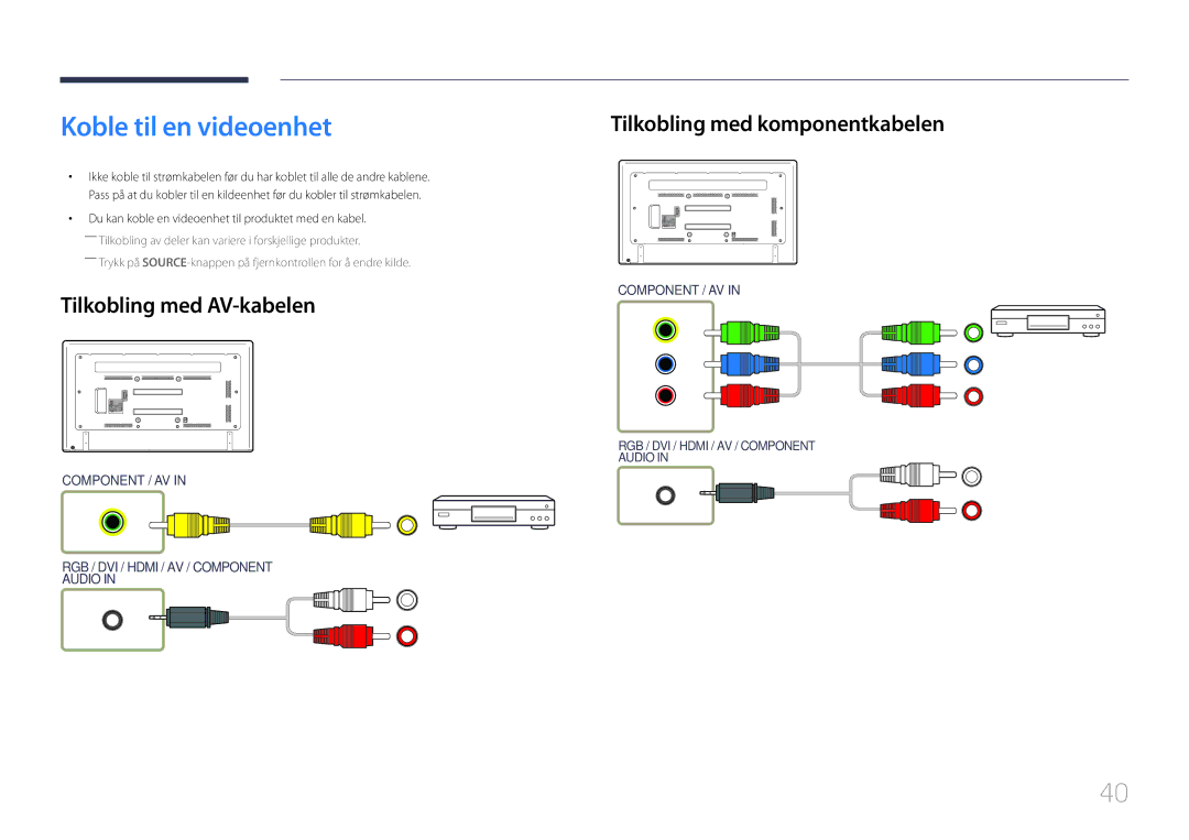 Samsung LH65EDDPLGC/EN, LH75EDDPLGC/EN Koble til en videoenhet, Tilkobling med AV-kabelen, Tilkobling med komponentkabelen 