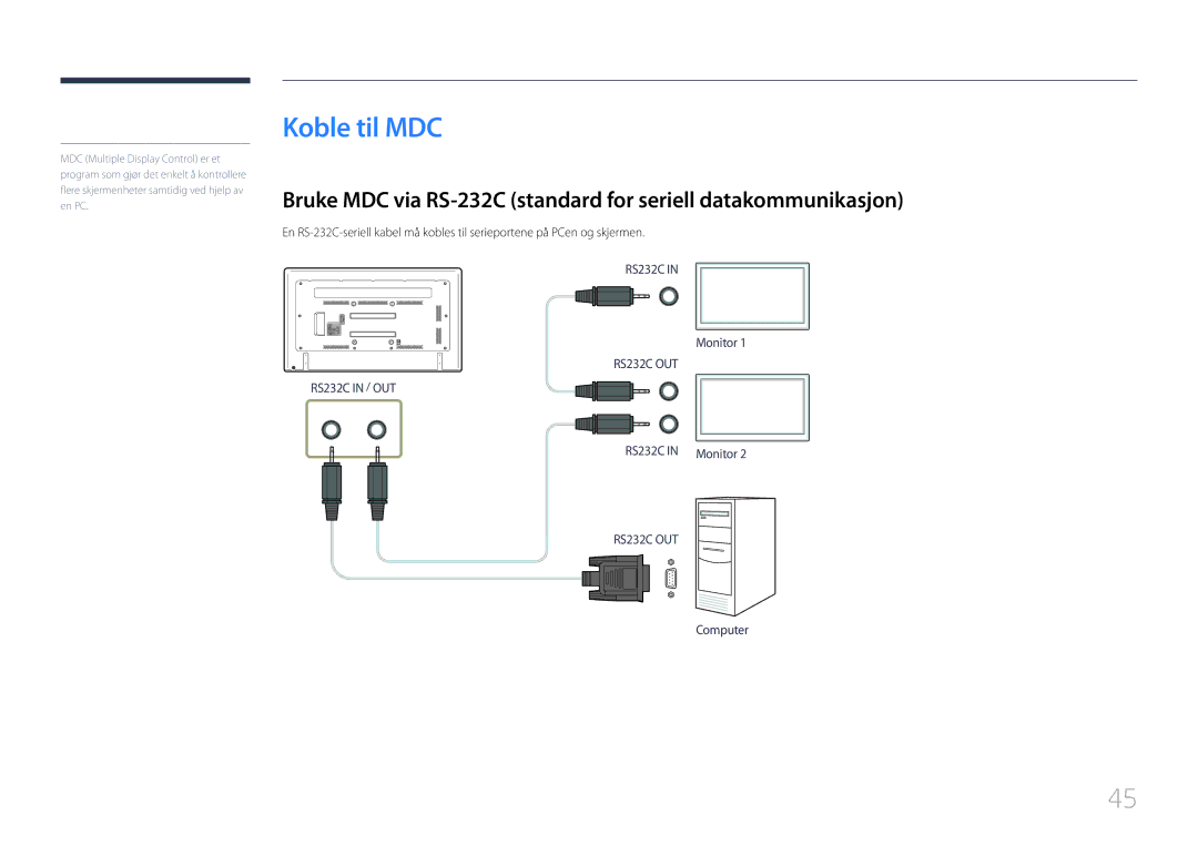 Samsung LH75EDDPLGC/EN, LH65EDDPLGC/EN manual Koble til MDC, Bruke MDC via RS-232C standard for seriell datakommunikasjon 