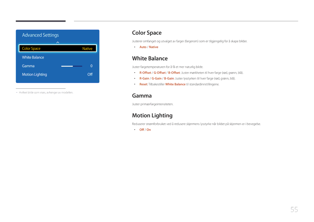 Samsung LH75EDDPLGC/EN, LH65EDDPLGC/EN manual Color Space, White Balance Gamma Motion Lighting Off 