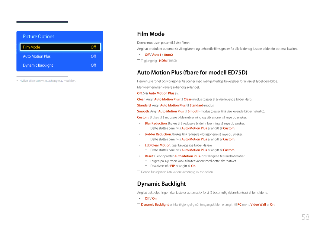 Samsung LH65EDDPLGC/EN, LH75EDDPLGC/EN manual Film Mode, Auto Motion Plus fbare for modell ED75D, Dynamic Backlight 