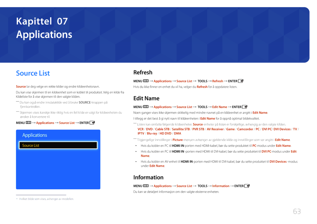 Samsung LH75EDDPLGC/EN, LH65EDDPLGC/EN manual Applications, Source List, Refresh, Edit Name, Information 
