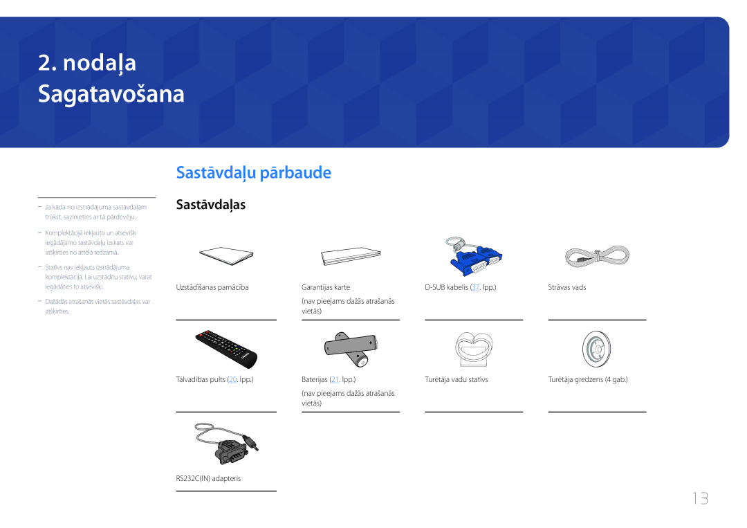 Samsung LH75EDDPLGC/EN, LH65EDDPLGC/EN manual Sagatavošana, Sastāvdaļu pārbaude, Sastāvdaļas 