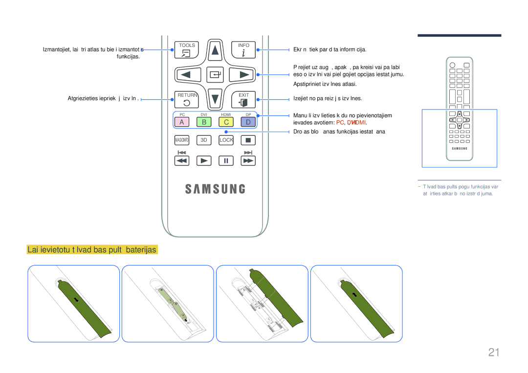 Samsung LH75EDDPLGC/EN, LH65EDDPLGC/EN manual Lai ievietotu tālvadības pultī baterijas, Atgriezieties iepriekšējā izvēlnē 