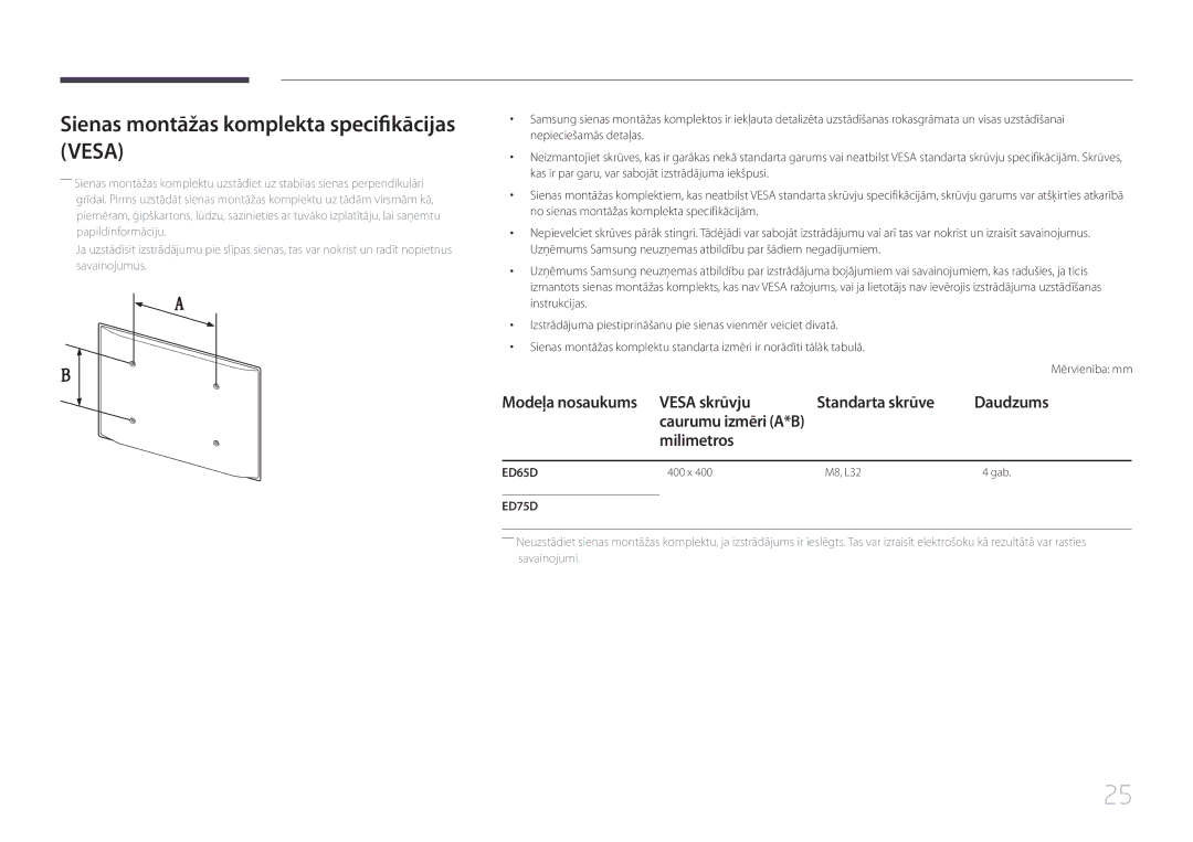 Samsung LH75EDDPLGC/EN, LH65EDDPLGC/EN manual Sienas montāžas komplekta specifikācijas Vesa, Milimetros 