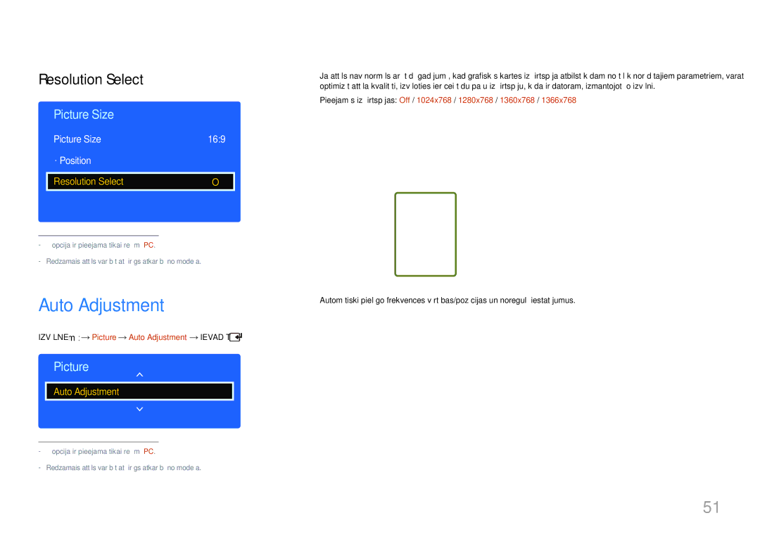 Samsung LH75EDDPLGC/EN, LH65EDDPLGC/EN manual Auto Adjustment, Resolution Select, Picture Size 169 · Position 