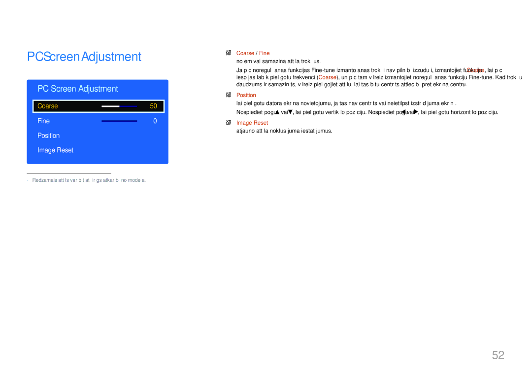 Samsung LH65EDDPLGC/EN, LH75EDDPLGC/EN manual PC Screen Adjustment, Fine Position Image Reset, Coarse / Fine 