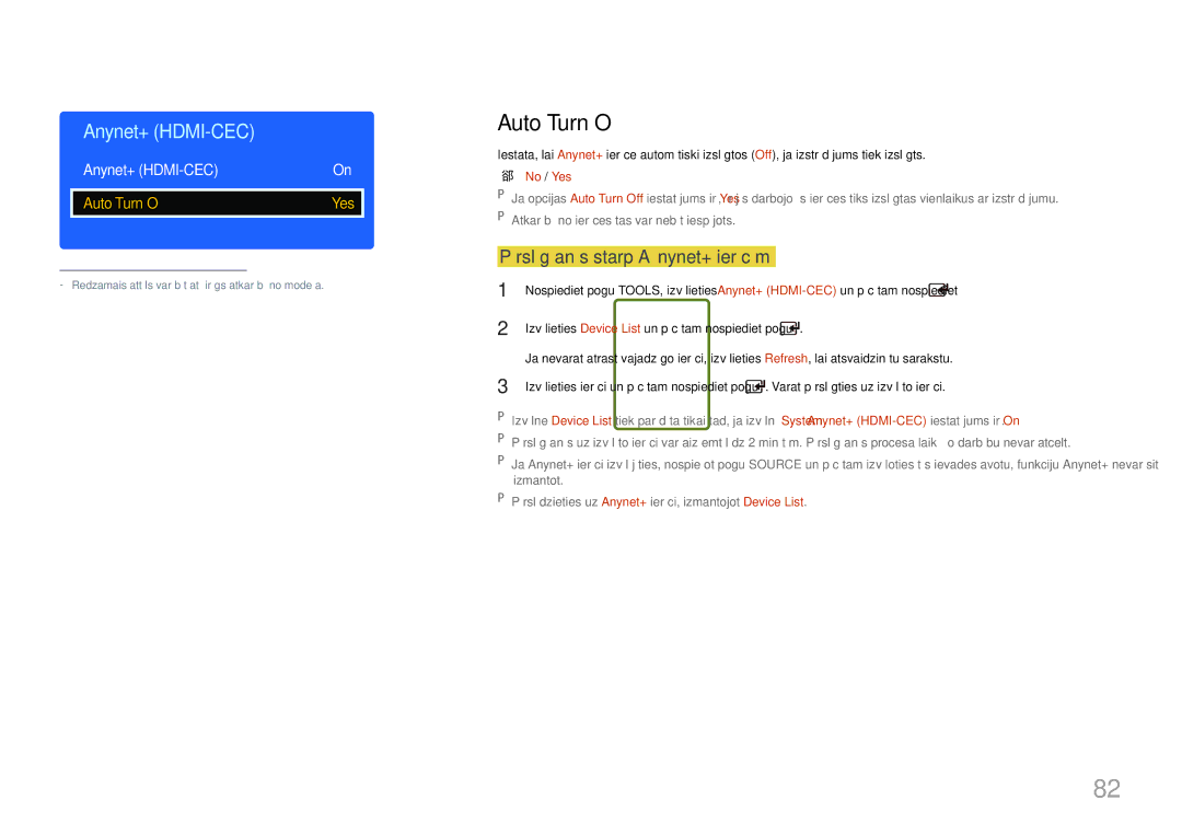 Samsung LH65EDDPLGC/EN, LH75EDDPLGC/EN manual Auto Turn Off, Pārslēgšanās starp Anynet+ ierīcēm, Anynet+ HDMI-CEC, No / Yes 