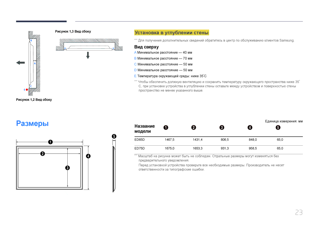 Samsung LH75EDDPLGC/EN, LH65EDDPLGC/EN manual Установка в углублении стены, Вид сверху, Название, Модели 