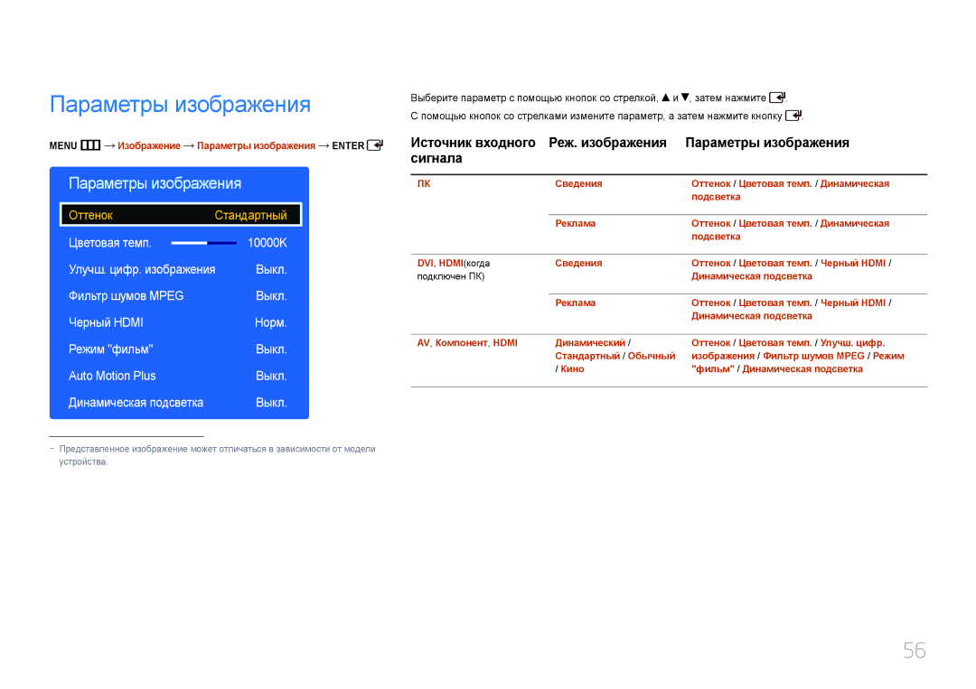 Samsung LH65EDDPLGC/EN, LH75EDDPLGC/EN manual Menu m Изображение Параметры изображения Enter 