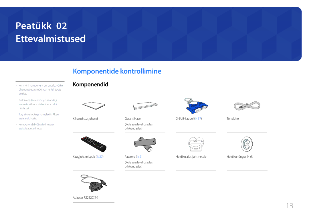 Samsung LH75EDDPLGC/EN manual Ettevalmistused, Komponentide kontrollimine, Komponendid, Piirkondades Adapter RS232CIN 