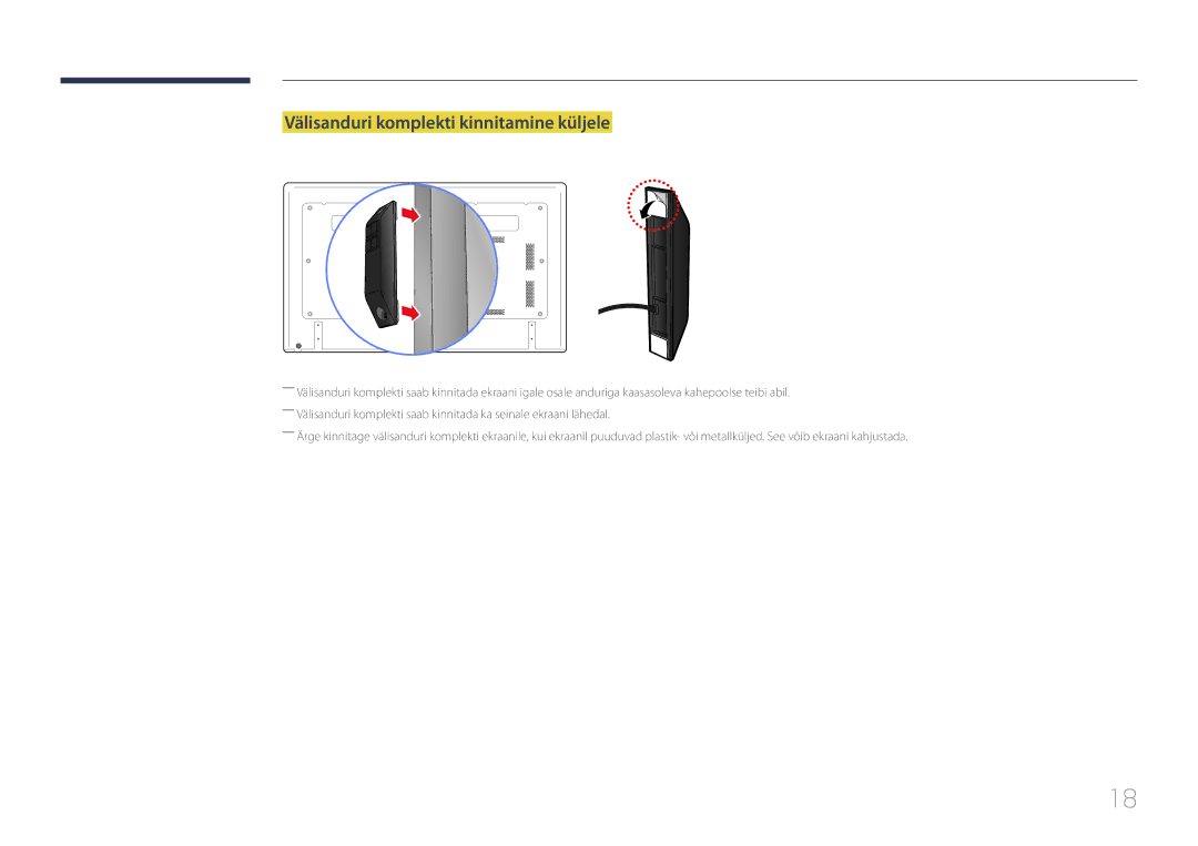 Samsung LH65EDDPLGC/EN, LH75EDDPLGC/EN manual Välisanduri komplekti kinnitamine küljele 