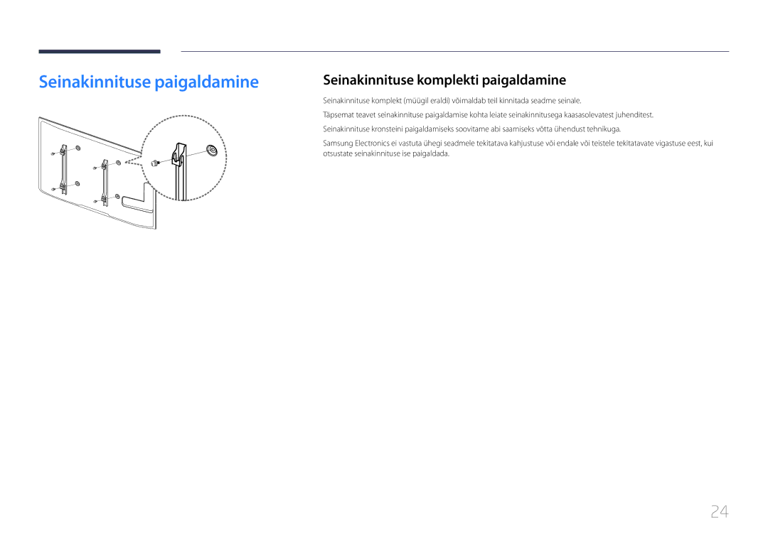 Samsung LH65EDDPLGC/EN, LH75EDDPLGC/EN manual Seinakinnituse paigaldamine, Seinakinnituse komplekti paigaldamine 