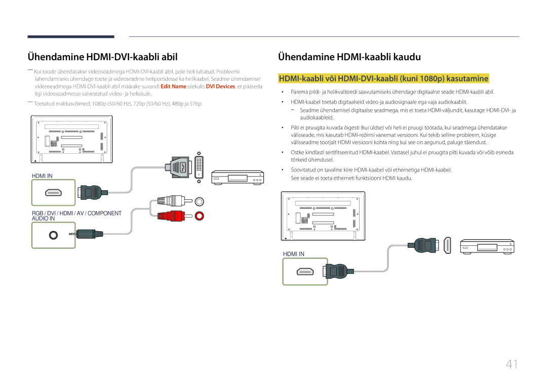 Samsung LH75EDDPLGC/EN, LH65EDDPLGC/EN Ühendamine HDMI-kaabli kaudu, HDMI-kaabli või HDMI-DVI-kaabli kuni 1080p kasutamine 