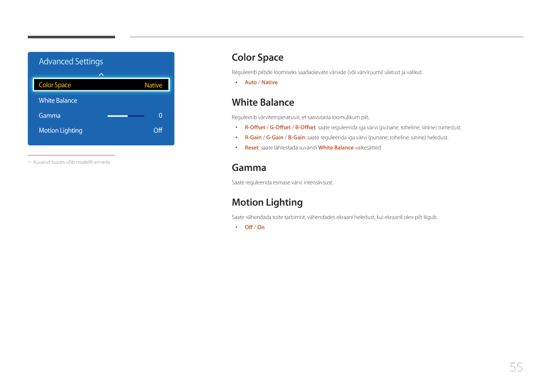 Samsung LH75EDDPLGC/EN, LH65EDDPLGC/EN manual Color Space, White Balance Gamma Motion Lighting Off 