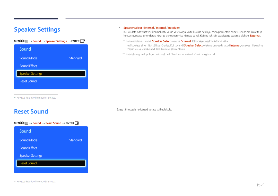 Samsung LH65EDDPLGC/EN, LH75EDDPLGC/EN manual Reset Sound, Sound Effect Speaker Settings 