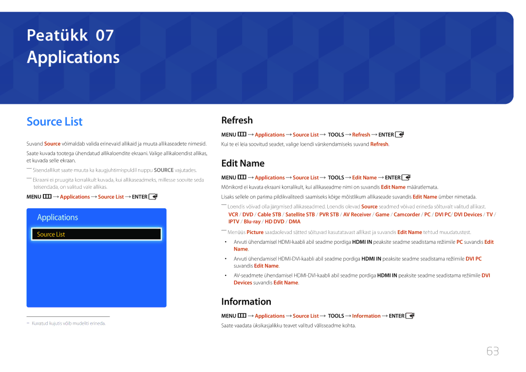 Samsung LH75EDDPLGC/EN, LH65EDDPLGC/EN manual Applications, Source List, Refresh, Edit Name, Information 