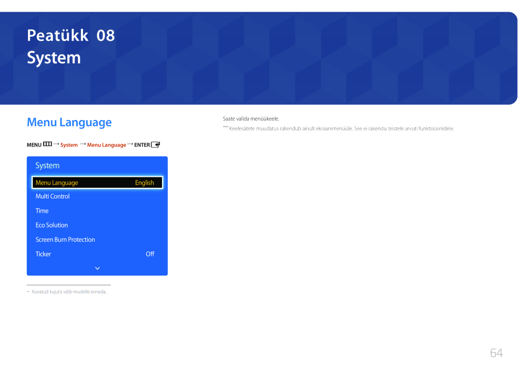 Samsung LH65EDDPLGC/EN, LH75EDDPLGC/EN manual Menu m System Menu Language Enter, Saate valida menüükeele 