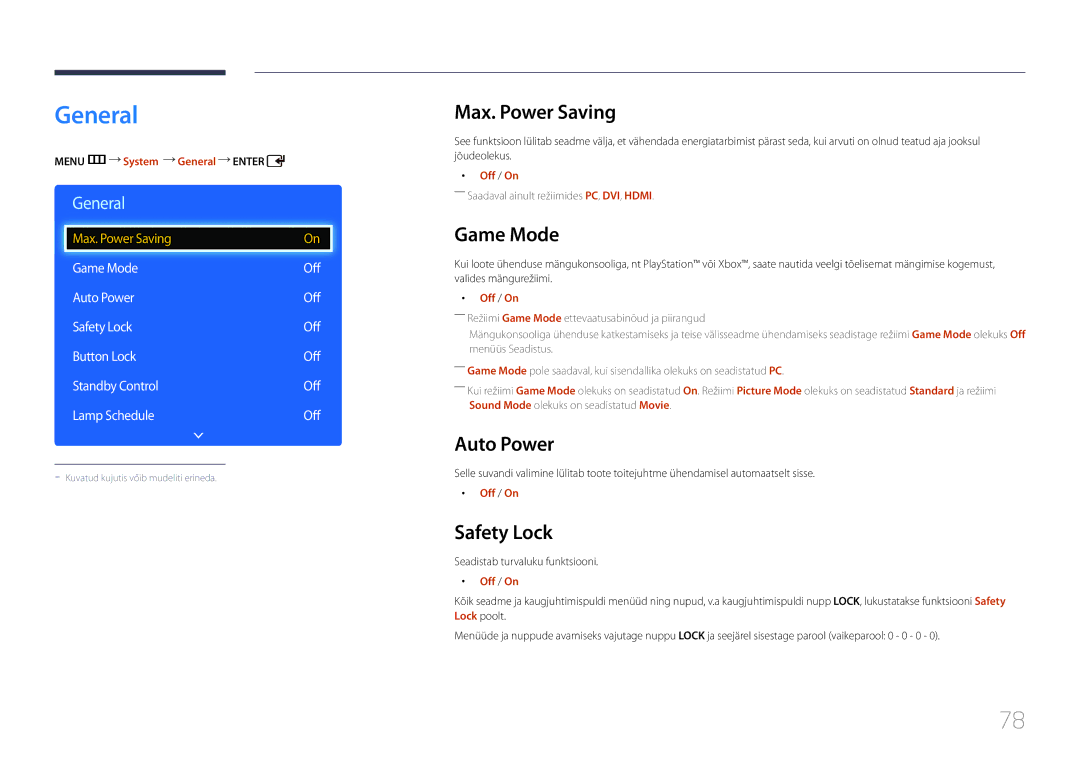 Samsung LH65EDDPLGC/EN, LH75EDDPLGC/EN manual General, Max. Power Saving, Game Mode, Auto Power, Safety Lock 