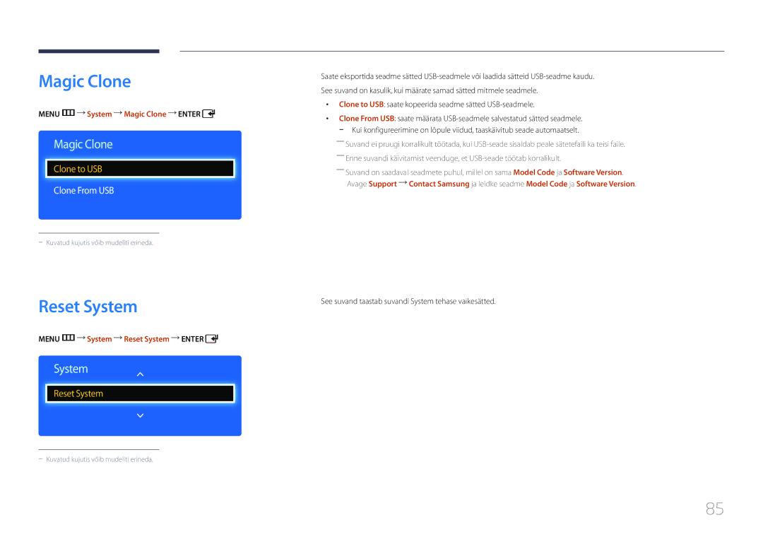 Samsung LH75EDDPLGC/EN manual Clone From USB, Menu m System Magic Clone Enter, Menu m System Reset System Enter 