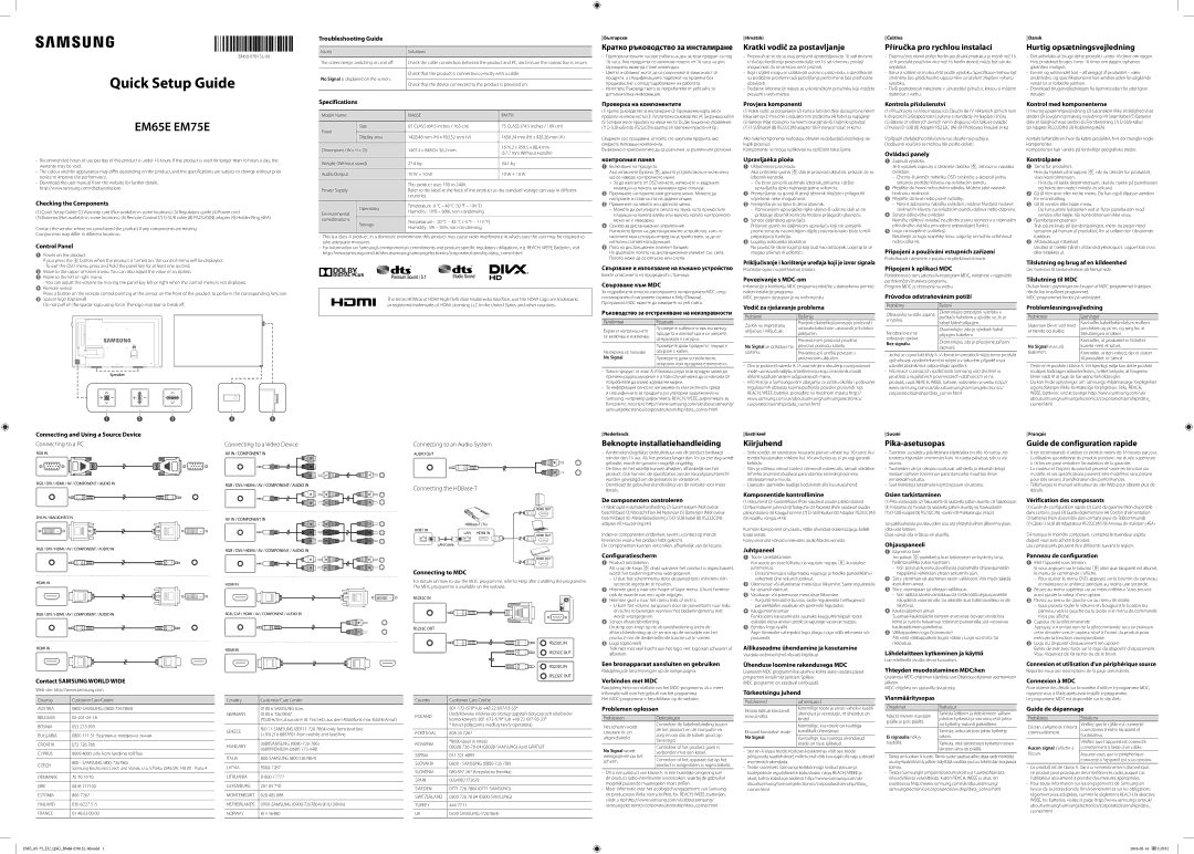 Samsung LH75EMEPLGC/EN manual Kratki vodič za postavljanje, Příručka pro rychlou instalaci, Hurtig opsætningsvejledning 