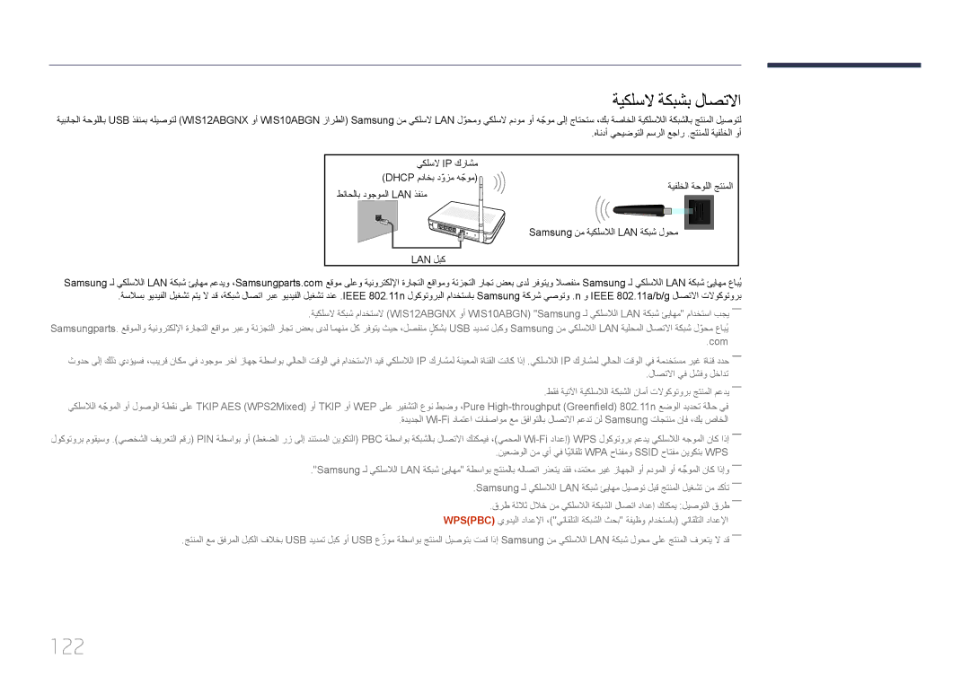 Samsung LH65MDCPLGC/UE, LH65MDCPLGC/EN, LH65MDCPLGC/NG manual 122, ةيكلسلا ةكبشب لاصتلاا, Samsung نم ةيكلسلالا LAN ةكبش لوحم 