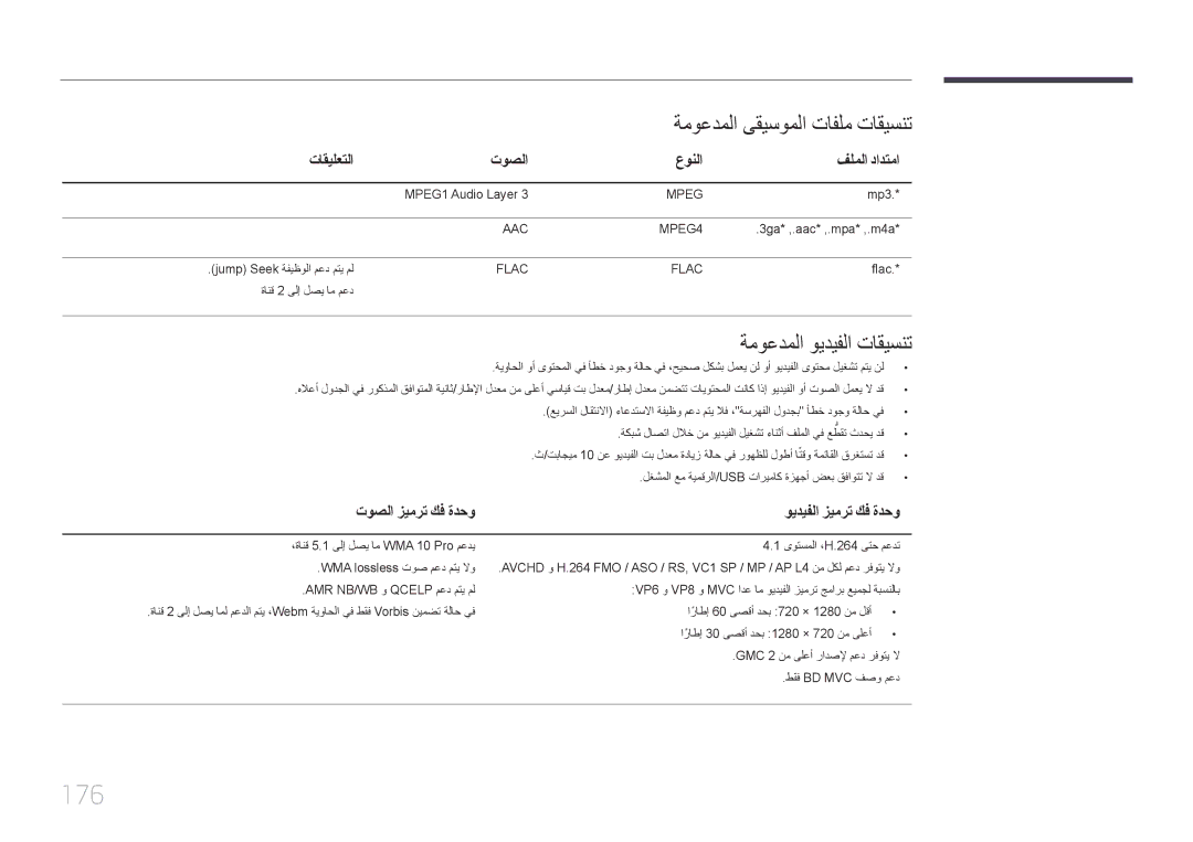 Samsung LH65MDCPLGC/UE 176, ةموعدملا ىقيسوملا تافلم تاقيسنت, ةموعدملا ويديفلا تاقيسنت, تاقيلعتلا توصلا عونلا فلملا دادتما 