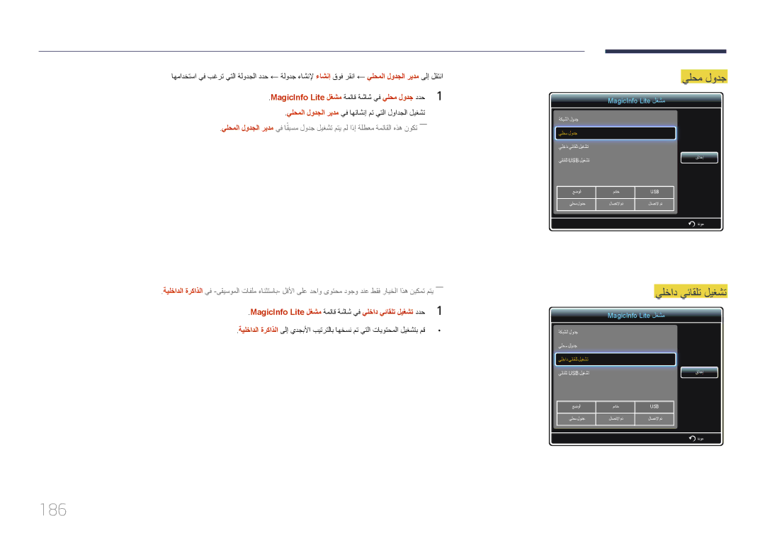 Samsung LH65MDCPLGC/EN, LH65MDCPLGC/NG manual 186, يلخاد يئاقلت ليغشت, MagicInfo Lite لغشم ةمئاق ةشاش يف يلحم لودج ددح1 