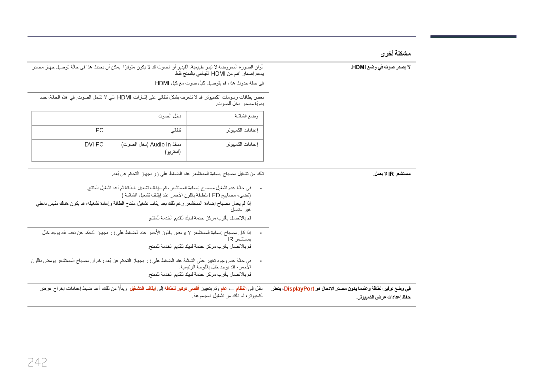 Samsung LH65MDCPLGC/UE 242, Hdmi عضو يف توص ردصي لا, توصلا لخد Audio In ذفانم رتويبمكلا تادادعإ ويرتسا, لمعي لا Ir رعشتسم 