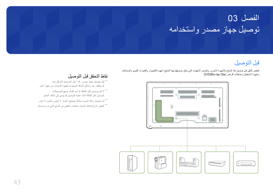 Samsung LH65MDCPLGC/NG, LH65MDCPLGC/EN, LH65MDCPLGC/UE manual همادختساو ردصم زاهج ليصوت, ليصوتلا لبق ققحتلا طاقن 