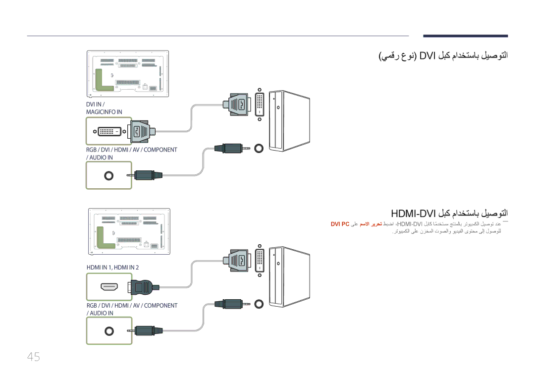 Samsung LH65MDCPLGC/EN, LH65MDCPLGC/NG, LH65MDCPLGC/UE يمقر عون Dvi لبك مادختساب ليصوتلا, Hdmi-Dvi لبك مادختساب ليصوتلا 