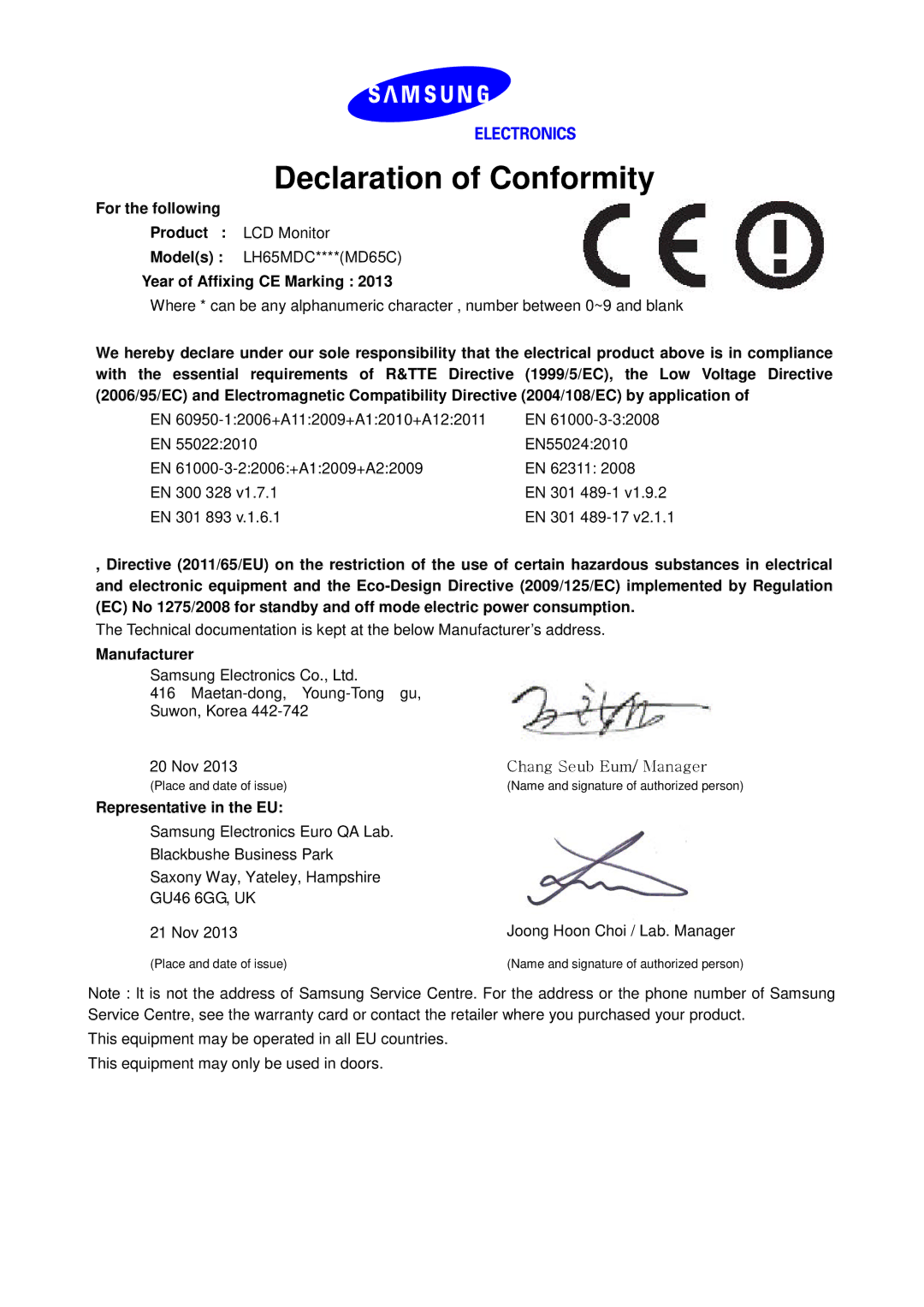 Samsung LH65MDCPLGC/XJ manual Declaration of Conformity, For the following, Year of Affixing CE Marking, Manufacturer 