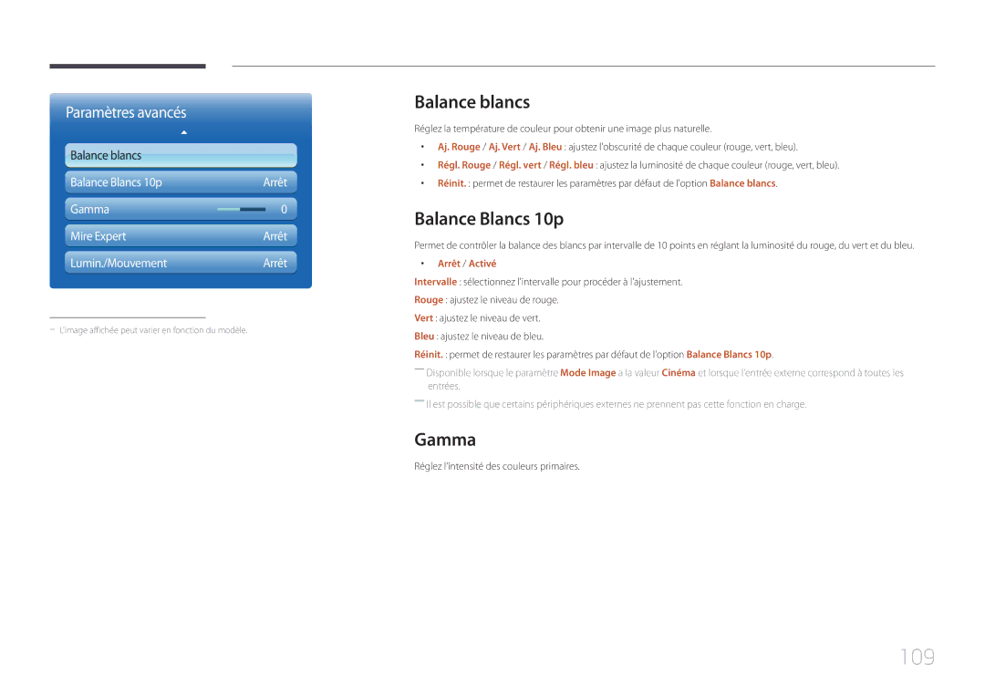 Samsung LH65MDCPLGC/EN manual 109, Balance blancs, Balance Blancs 10p, Gamma, Arrêt / Activé 